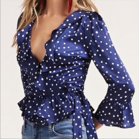 étophe studios blue star print ruffle wrap top - Picture 3 of 5